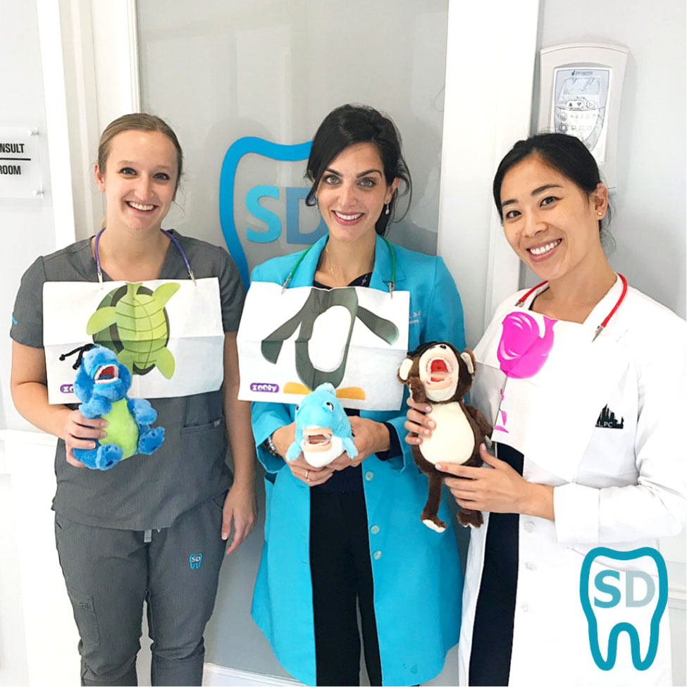 Dr.'s Zamani and Rhieu and an assistant wear cartoon animal dental bibs and hold stuffed animals, smiling.