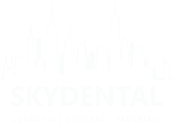 Sky Dental logo vector, Manhattan skyline white silhouette on gray background with words below: Sky Dental Cosmetic | General | Pediatric