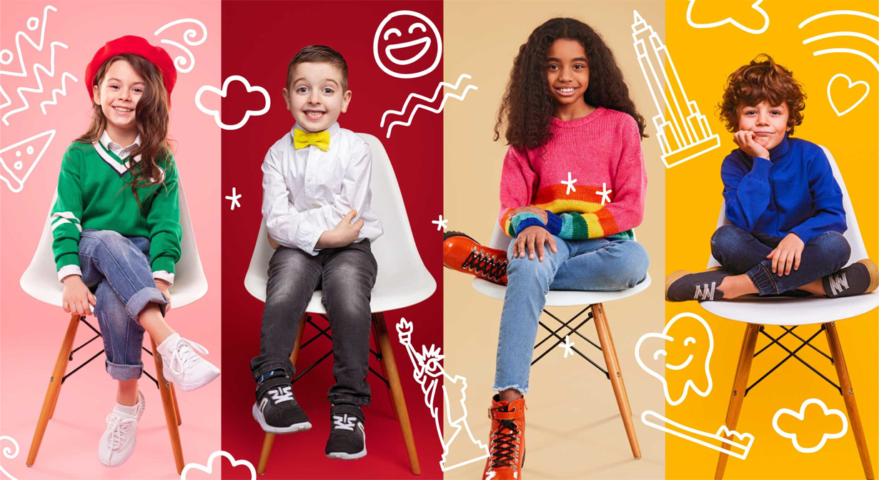 Four happy Sky Dental Kids patients in bright-colored clothes, each sitting on a trendy white chair, posed against four different, brightly colored backgrounds. White doodles of NY, dental, and child themes are placed haphazardly around the image.