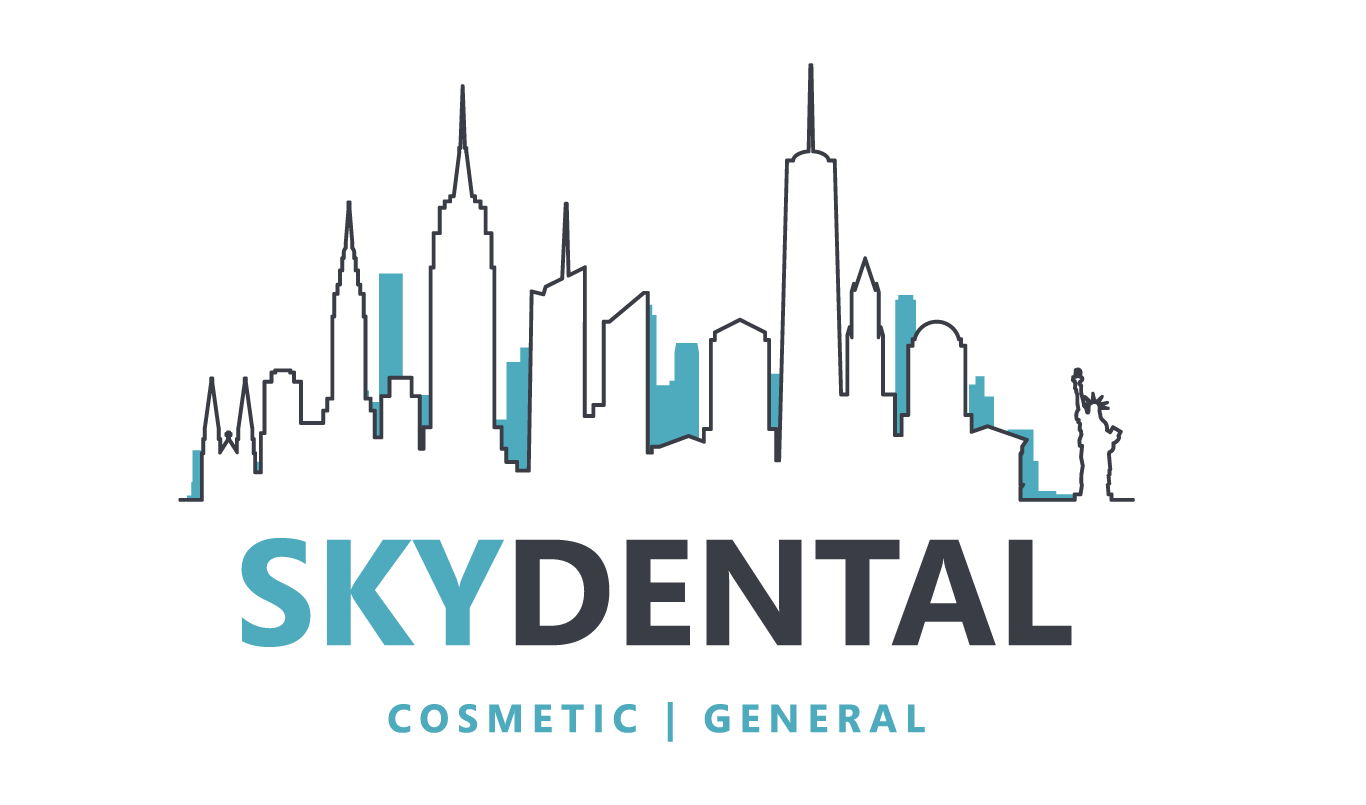 Sky Dental logo , Manhattan skyline white silhouette on gray background with words below: Sky Dental Cosmetic | General